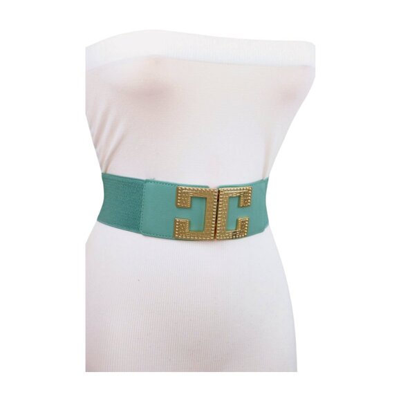 Women Mint Blue Green Color Elastic Fashion Belt Gold Metal C Buckle Fit S M - Picture 10 of 17